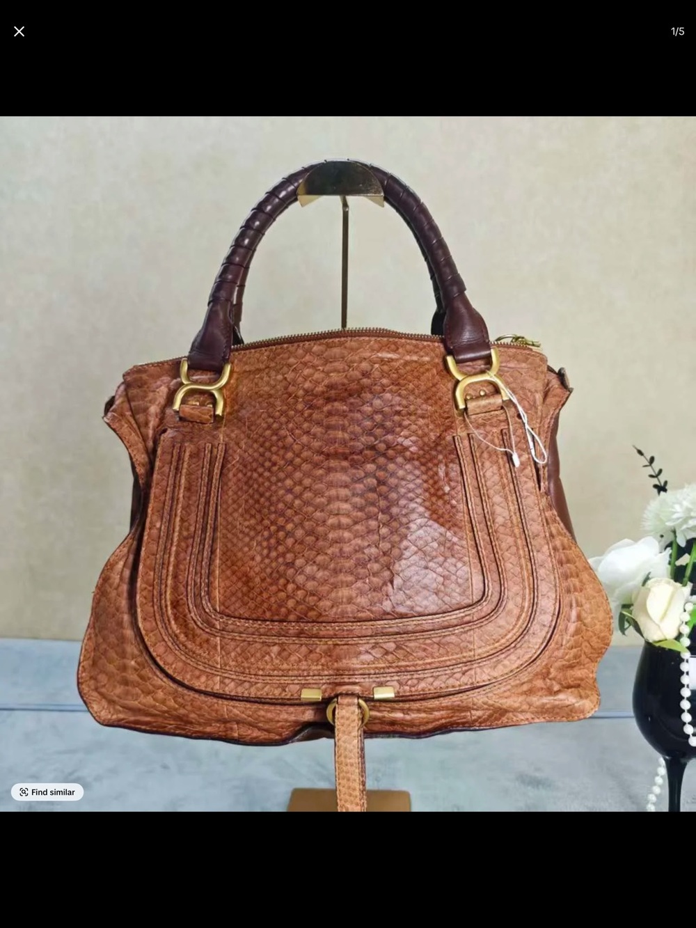 ChlWomen’s Brown Textured snake skin Leather Satchel Handbag